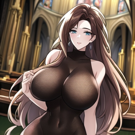 church brunette messy hair fishnet long hair woman 