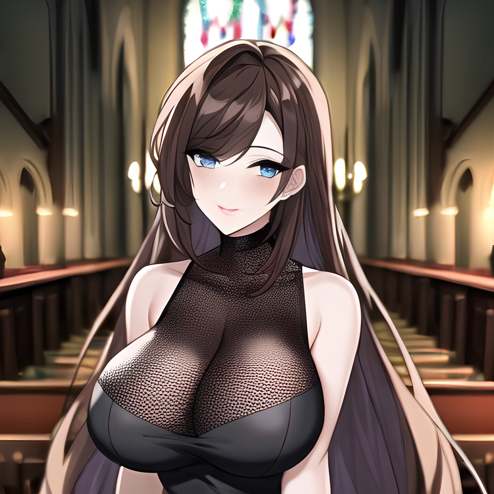 church brunette messy hair fishnet long hair woman 