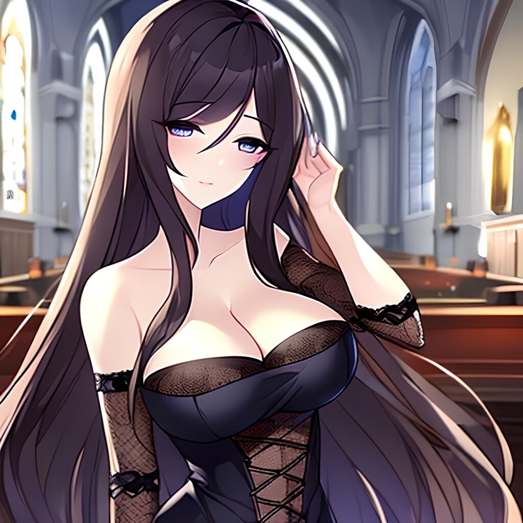 church brunette messy hair fishnet woman long hair