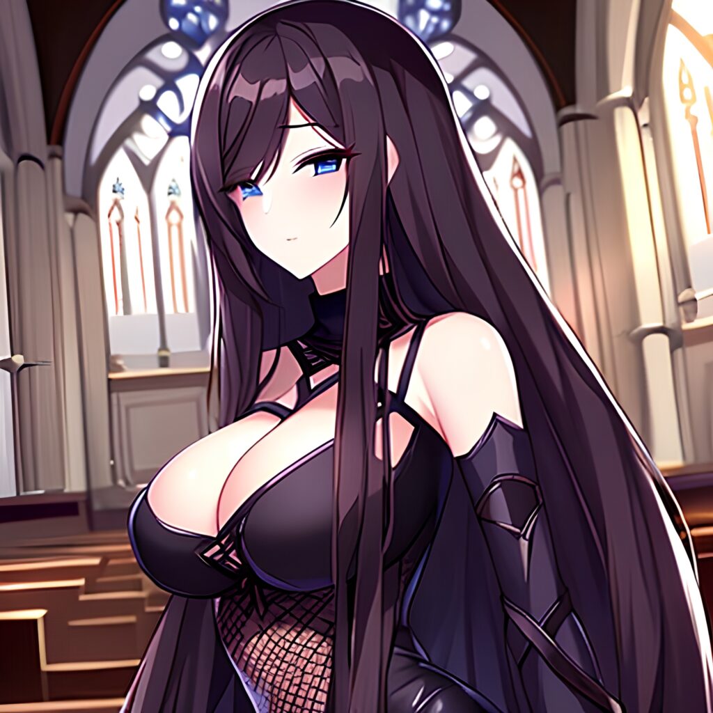 church brunette messy hair long hair fishnet woman 