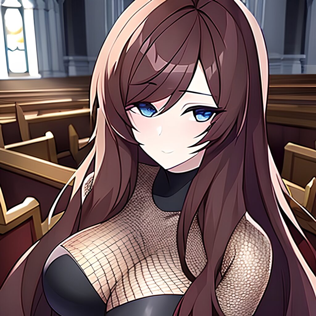 church brunette messy hair long hair fishnet woman