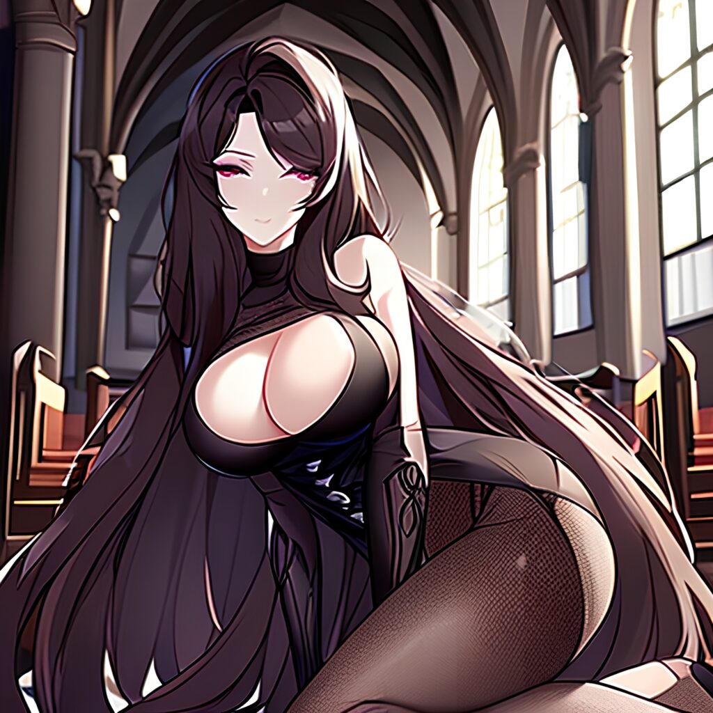 church brunette messy hair long hair fishnet woman