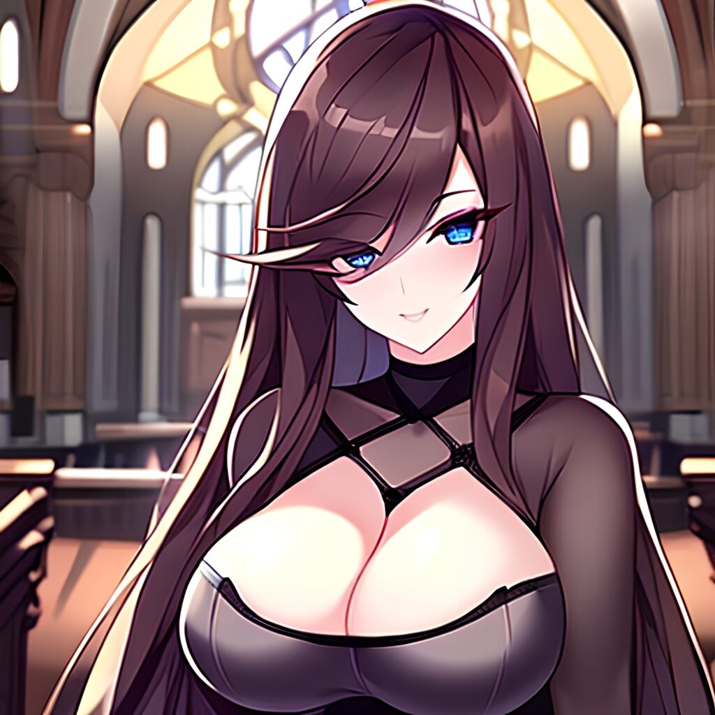 church brunette messy hair long hair fishnet woman