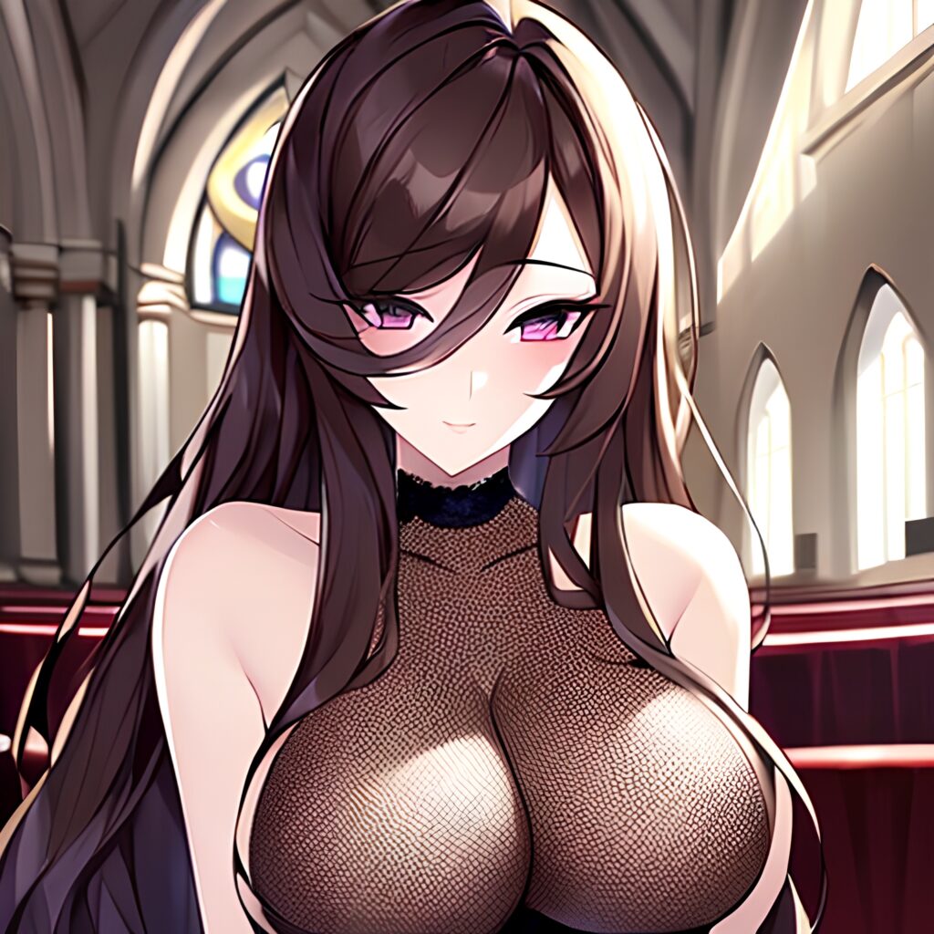 church brunette messy hair long hair fishnet woman 