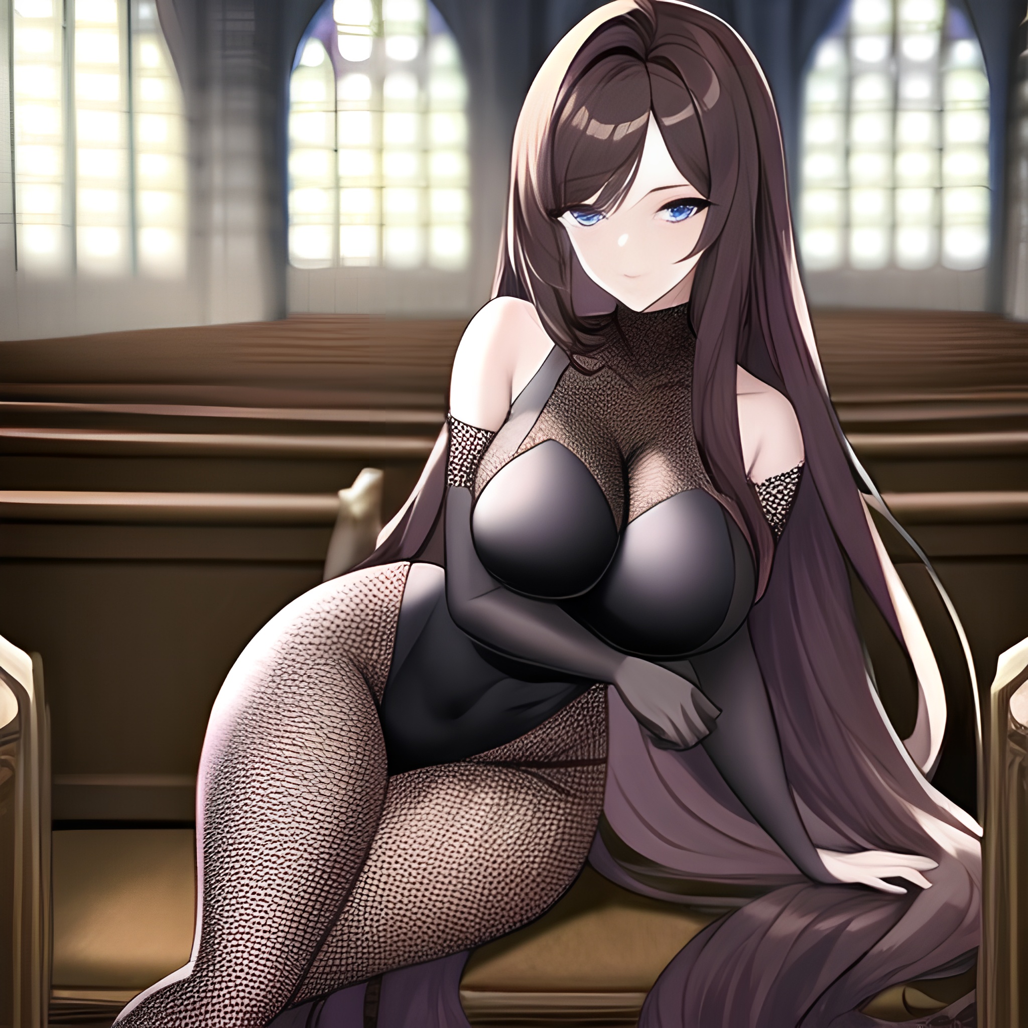 church brunette messy hair long hair fishnet woman 