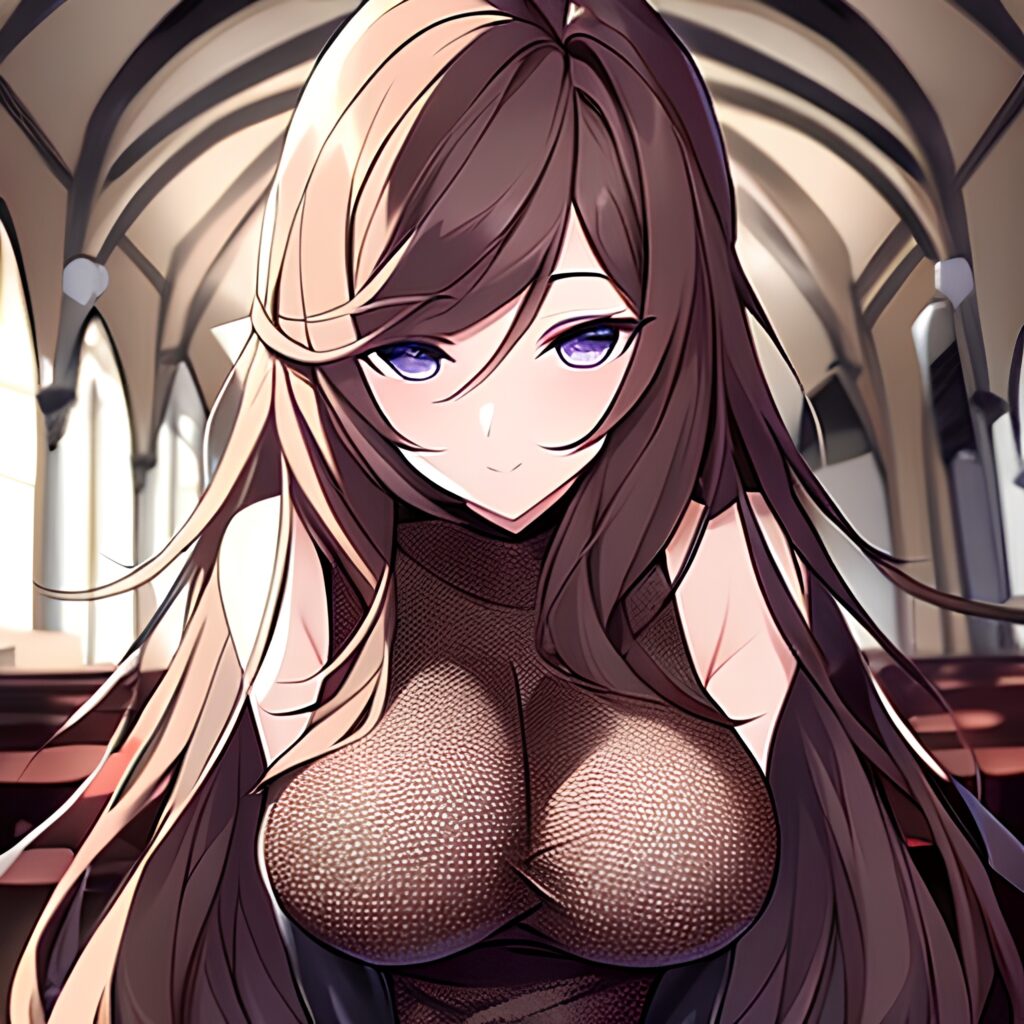 church brunette messy hair long hair fishnet woman 