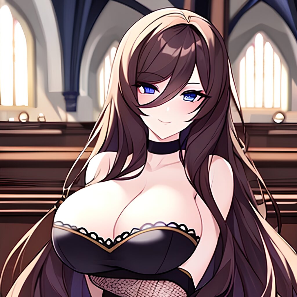 church brunette messy hair long hair woman fishnet