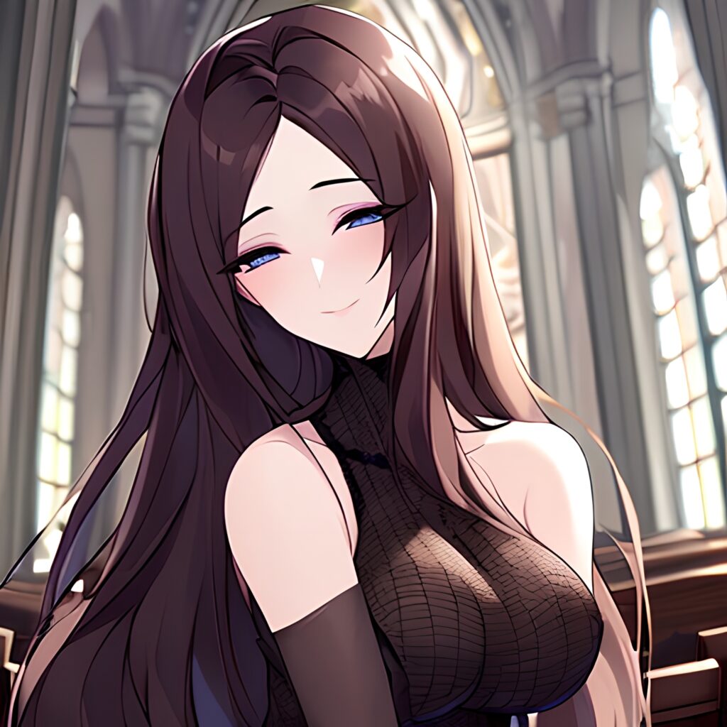 church brunette messy hair long hair woman fishnet 