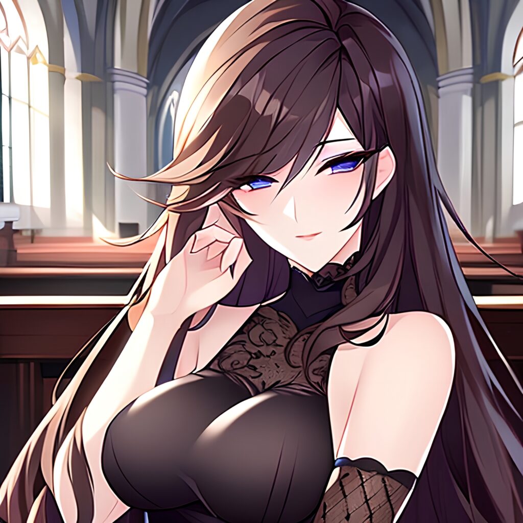 church brunette messy hair long hair woman fishnet 