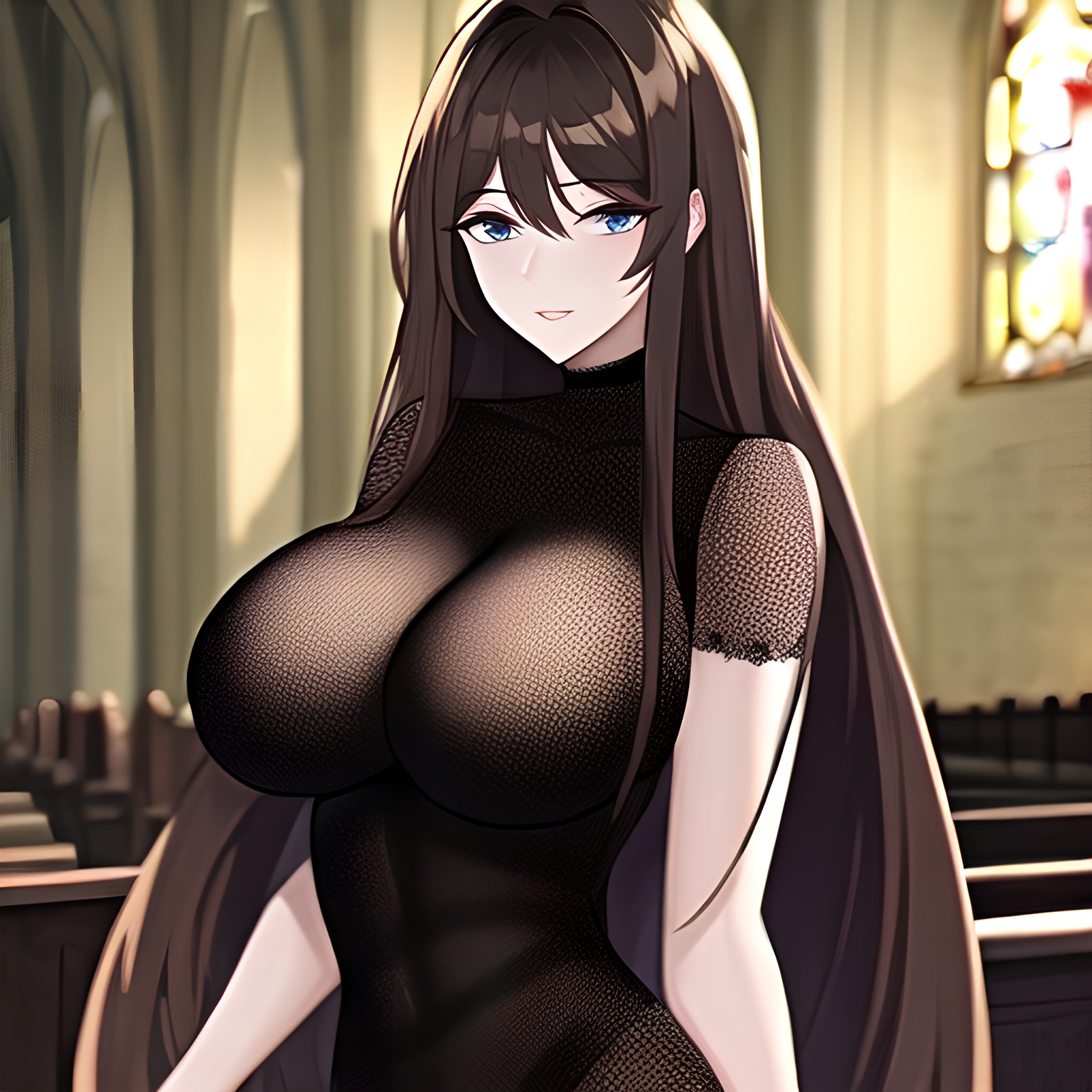 church brunette messy hair long hair woman fishnet 