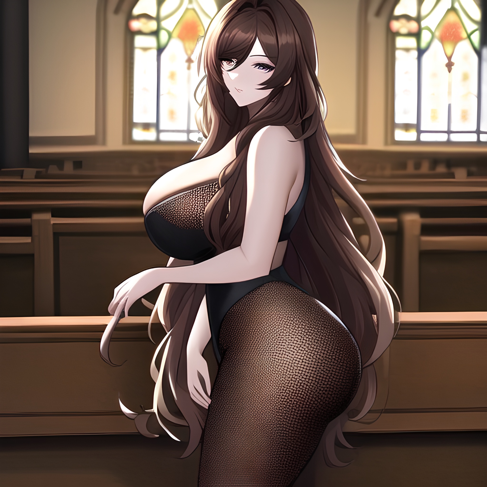 church brunette messy hair long hair woman fishnet 