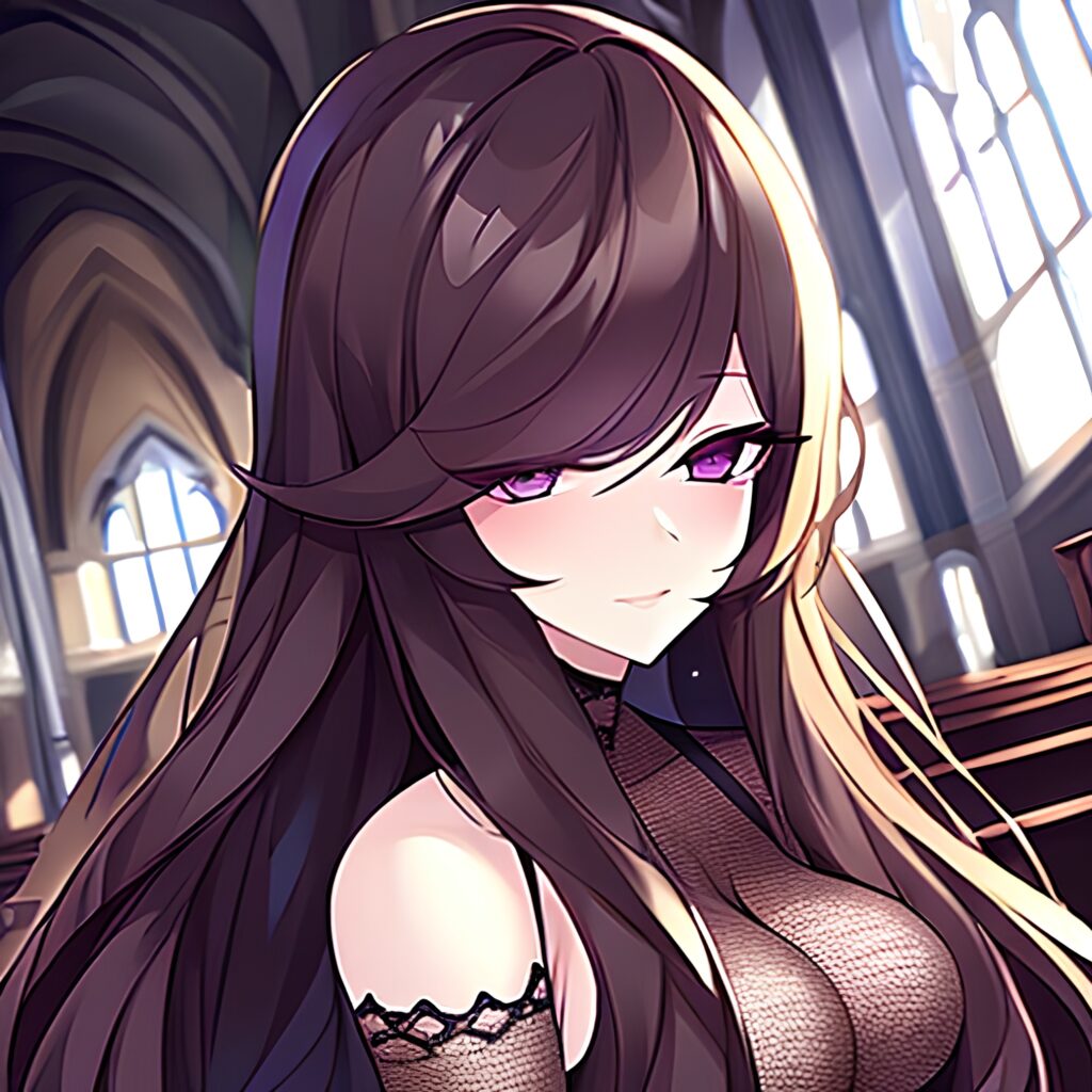 church brunette messy hair woman fishnet long hair