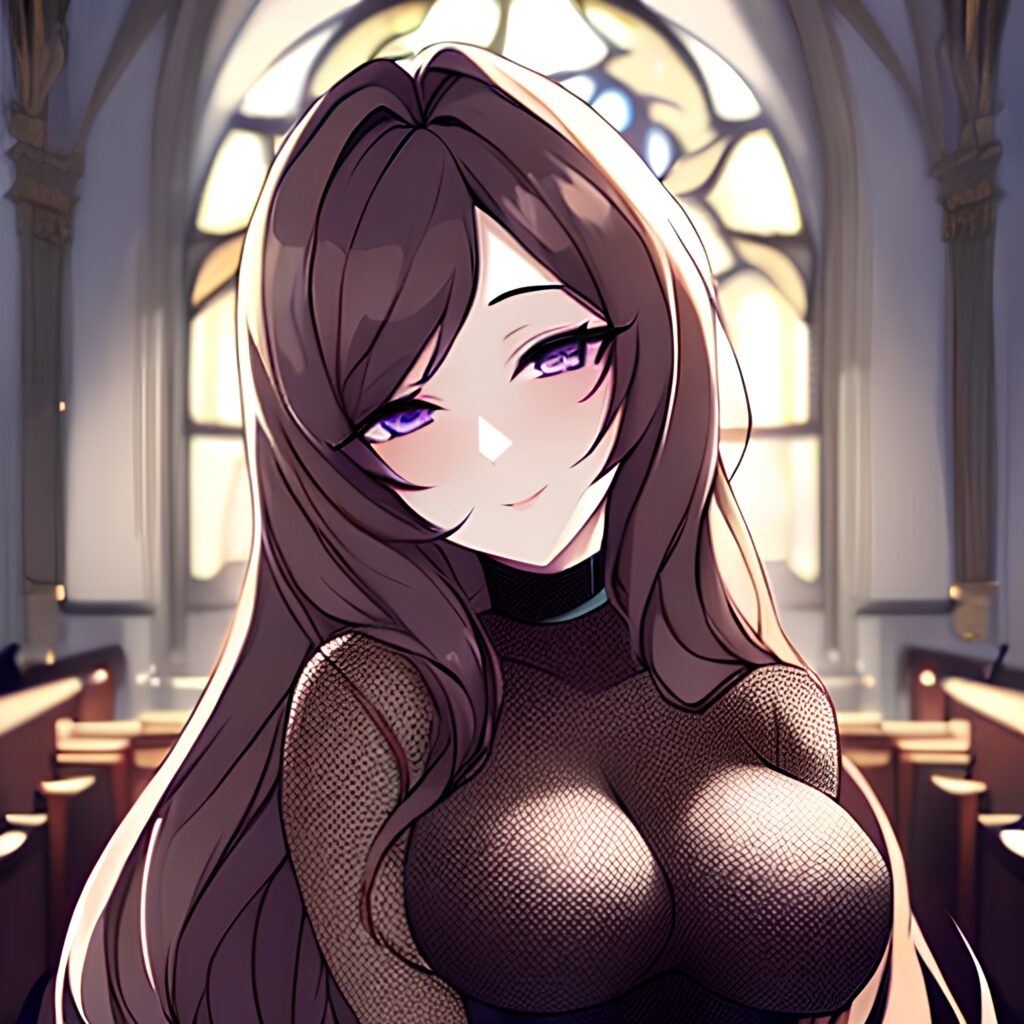 church brunette messy hair woman long hair fishnet