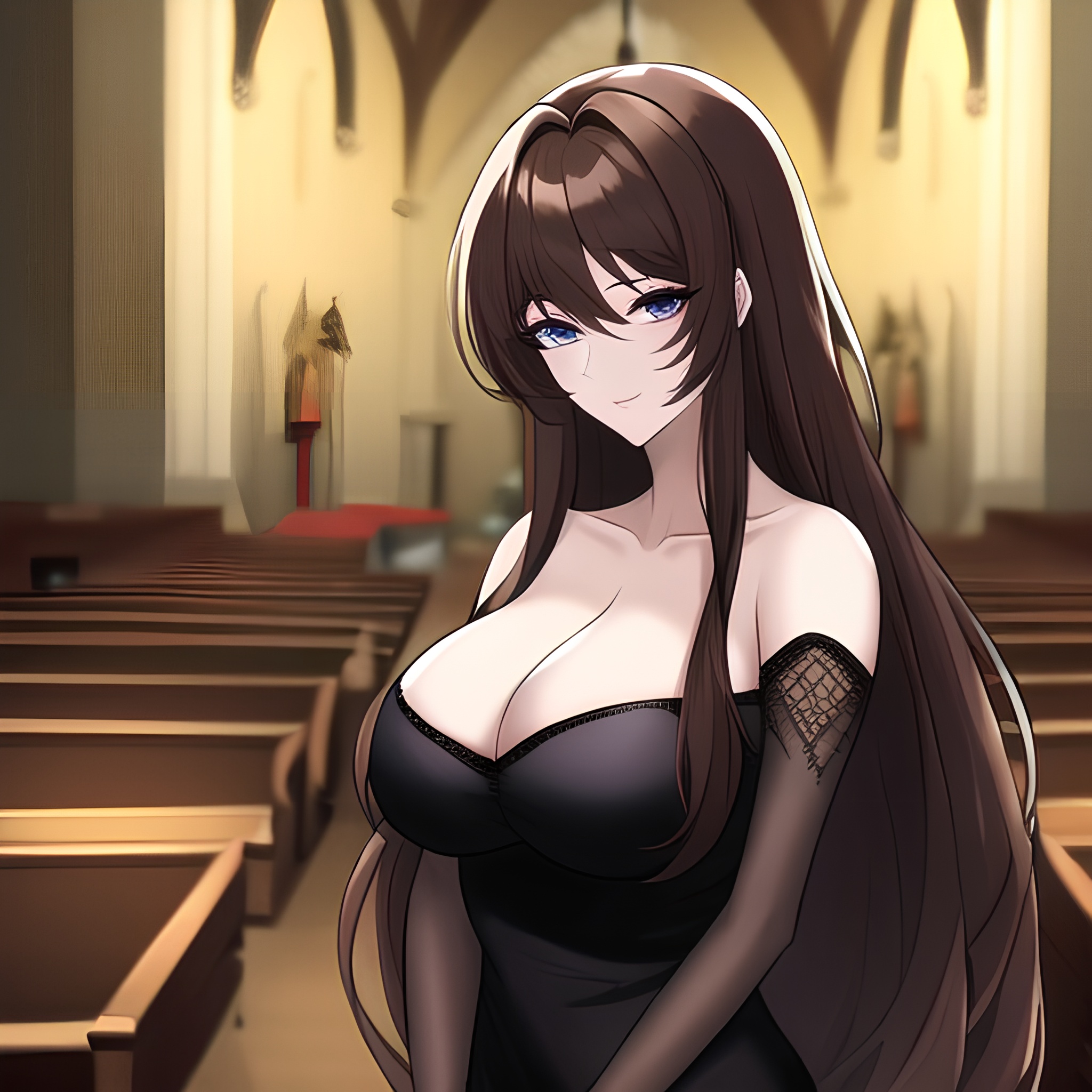 church brunette messy hair woman long hair fishnet 