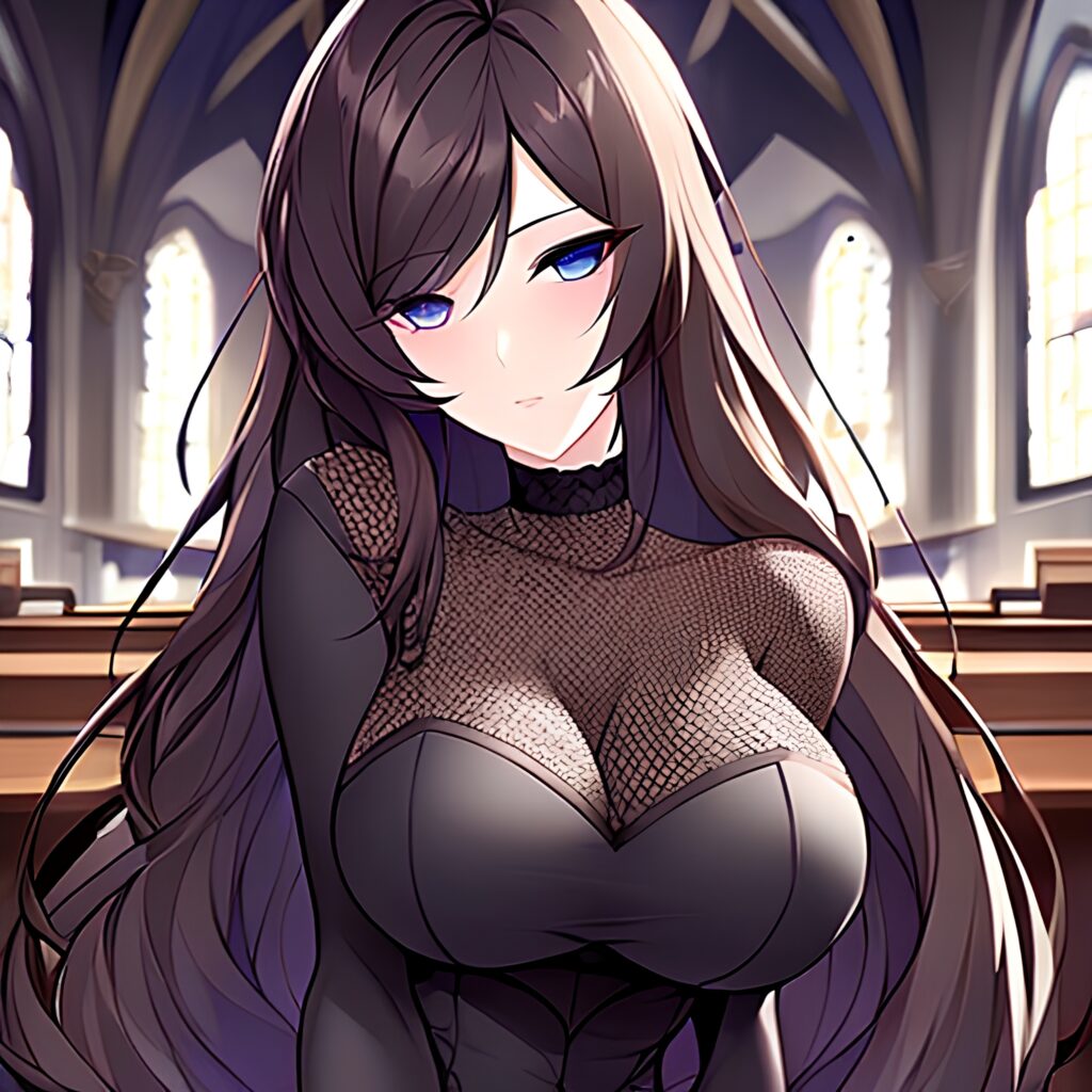 church brunette messy hair woman long hair fishnet 