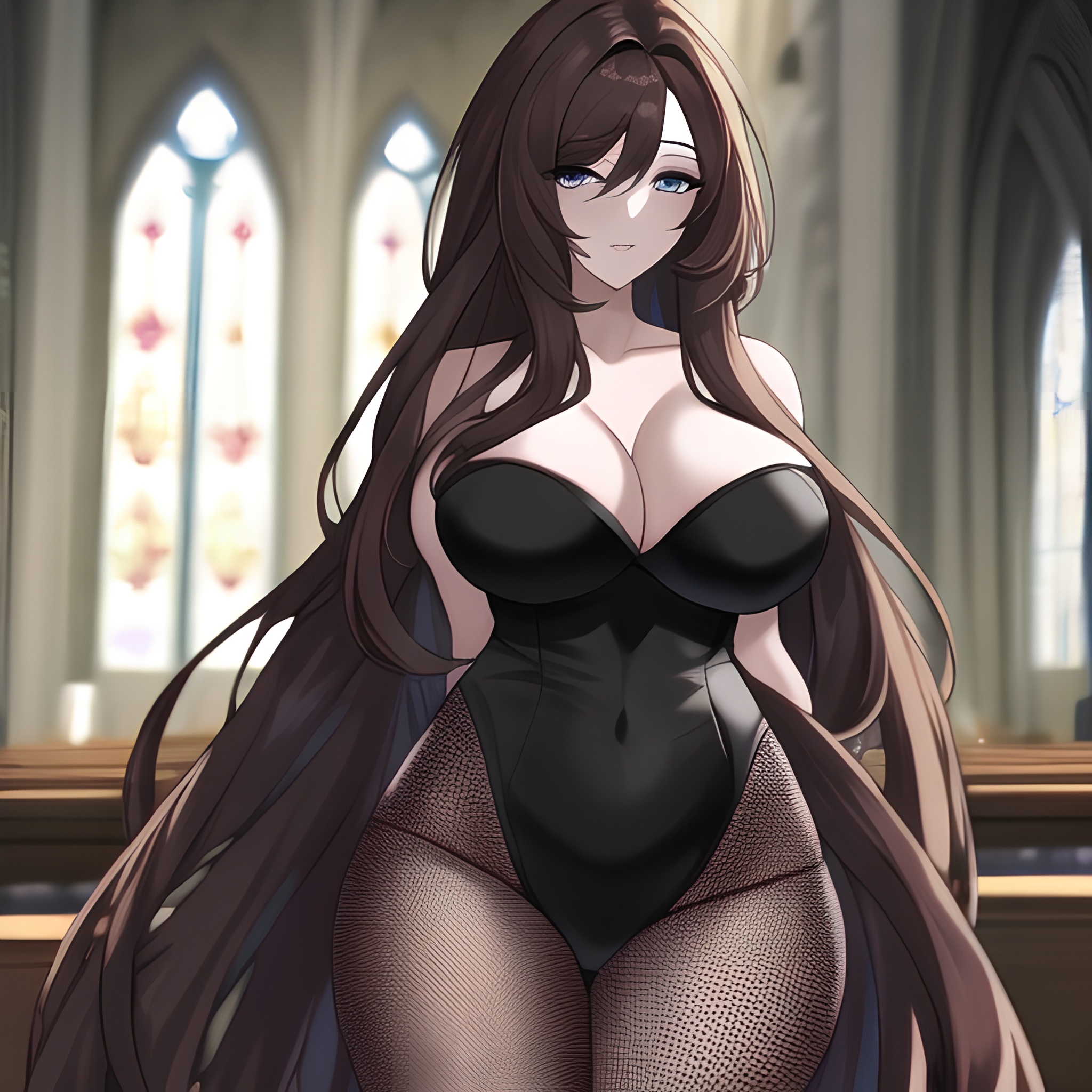 church brunette messy hair woman long hair fishnet 