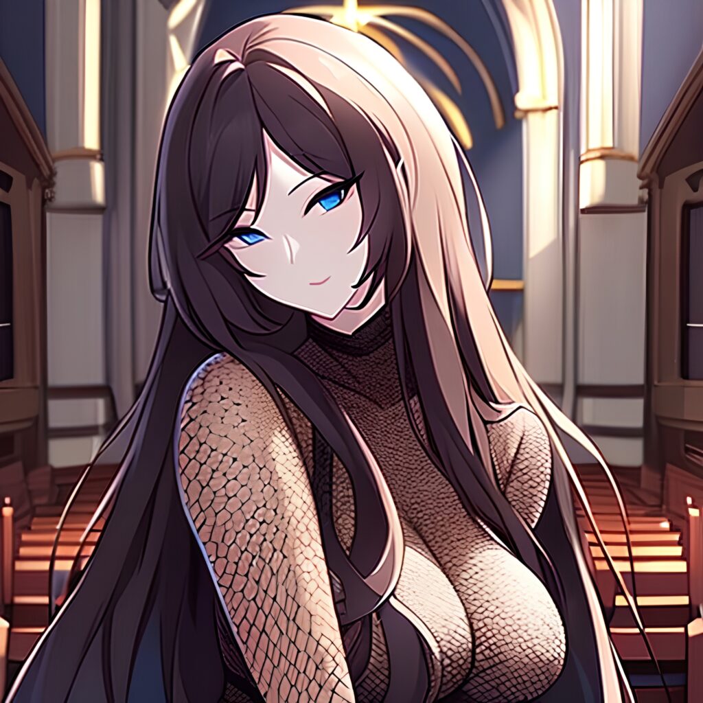 church brunette woman fishnet long hair messy hair 