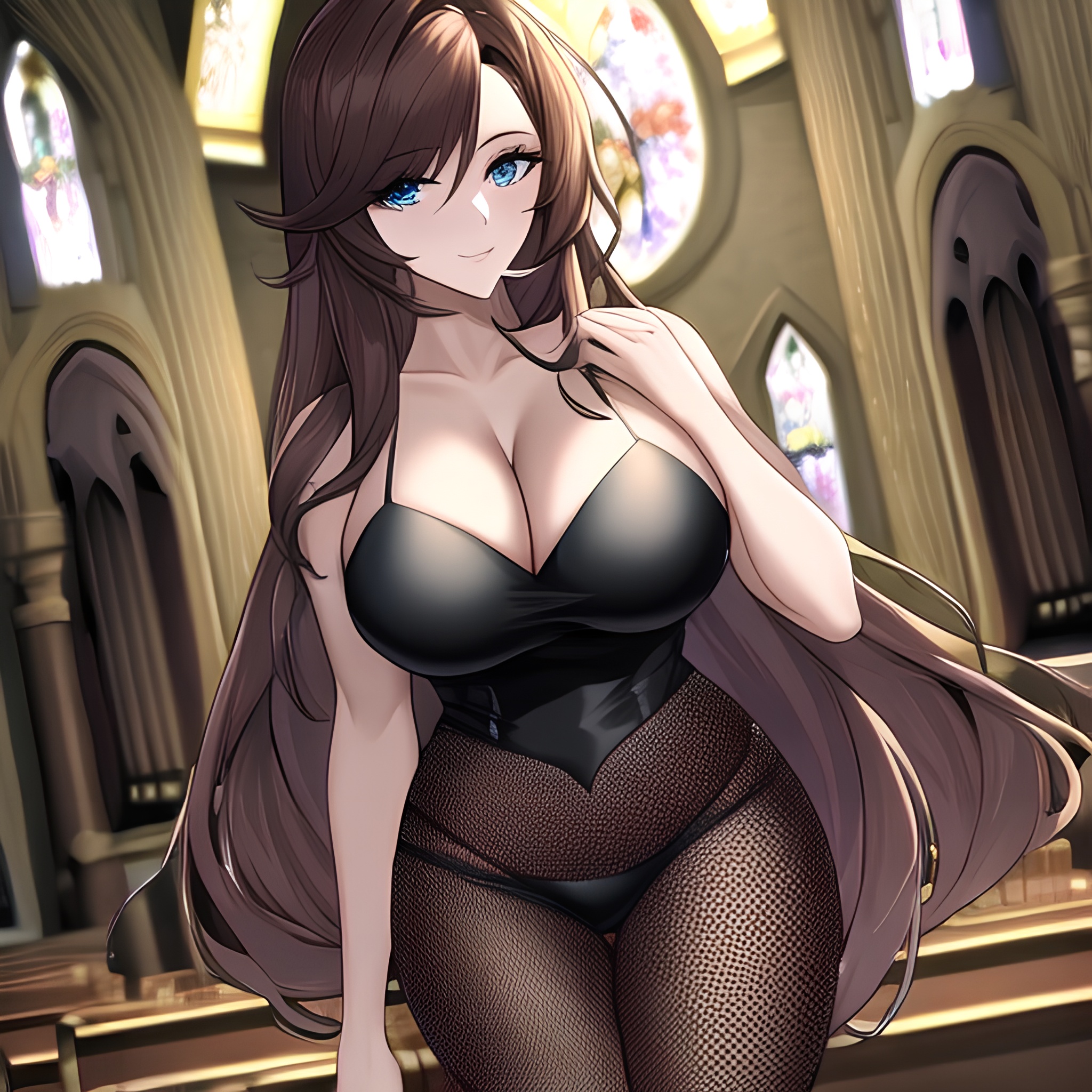 church brunette woman long hair fishnet messy hair 