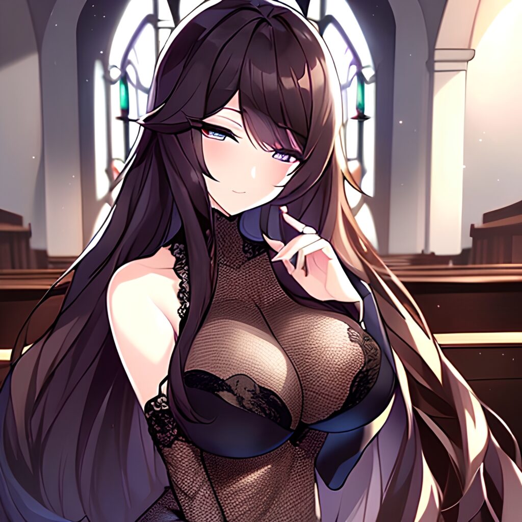 church brunette woman long hair fishnet messy hair 