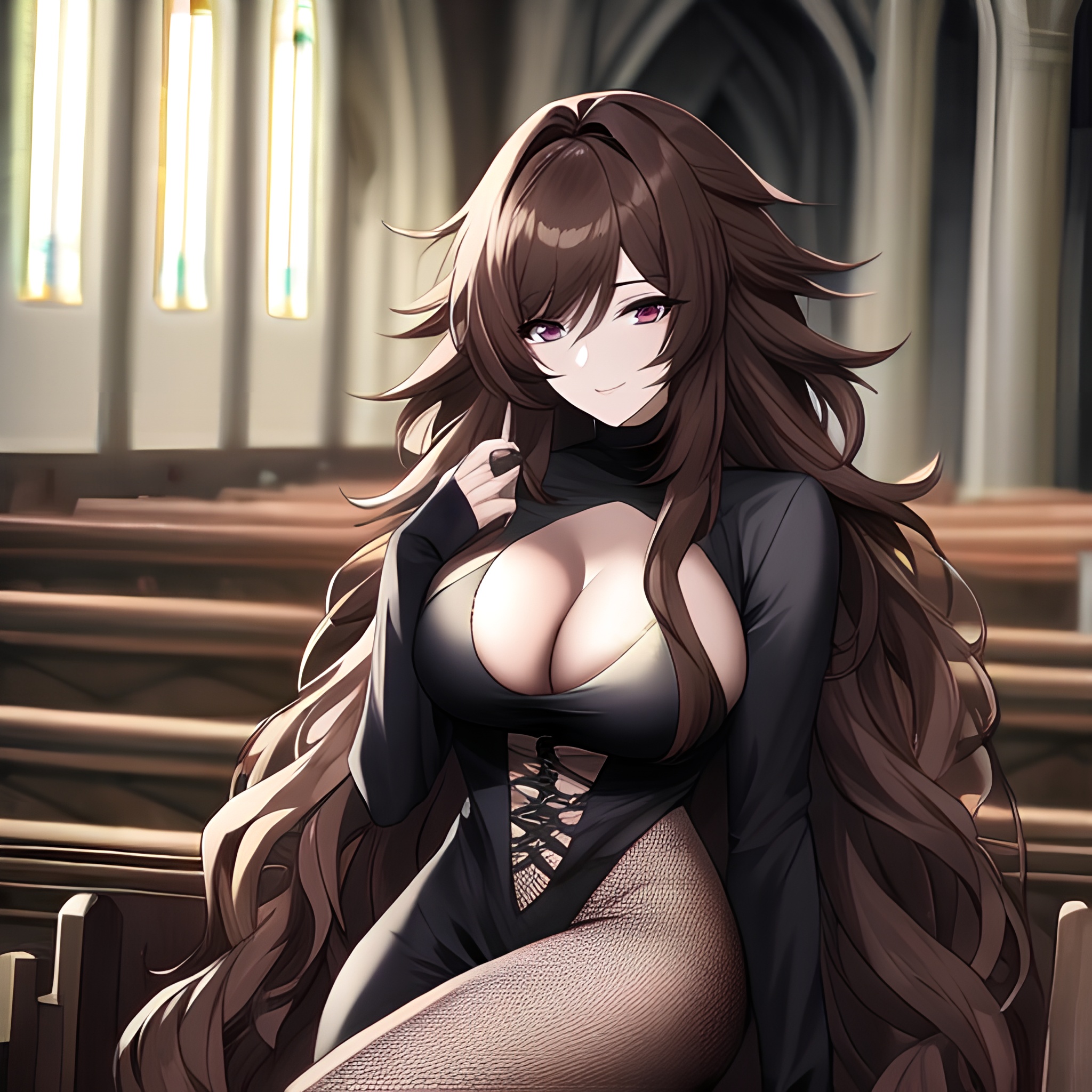 church brunette woman long hair fishnet messy hair 