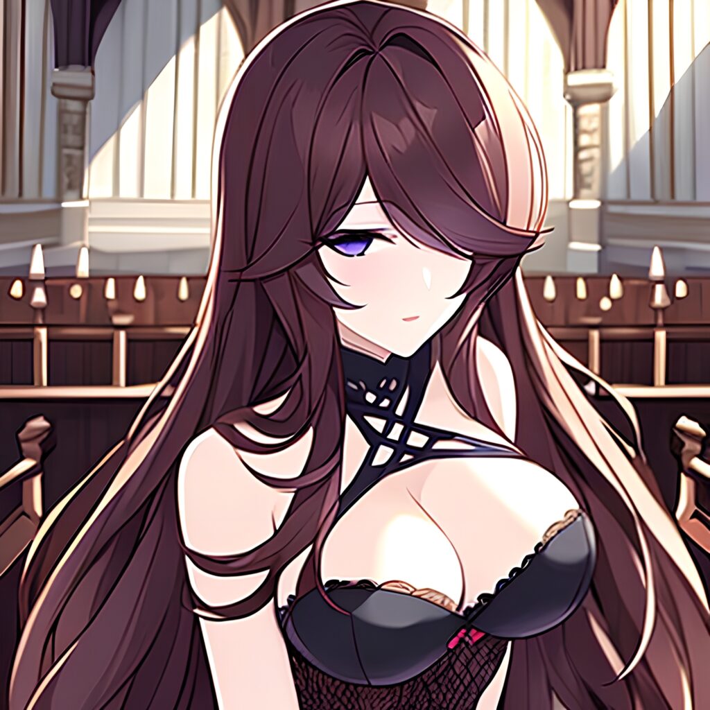 church brunette woman long hair messy hair fishnet 