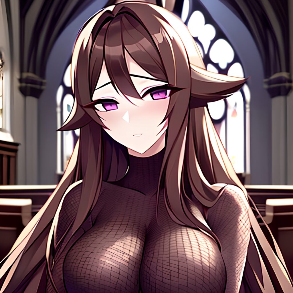church brunette woman long hair messy hair fishnet