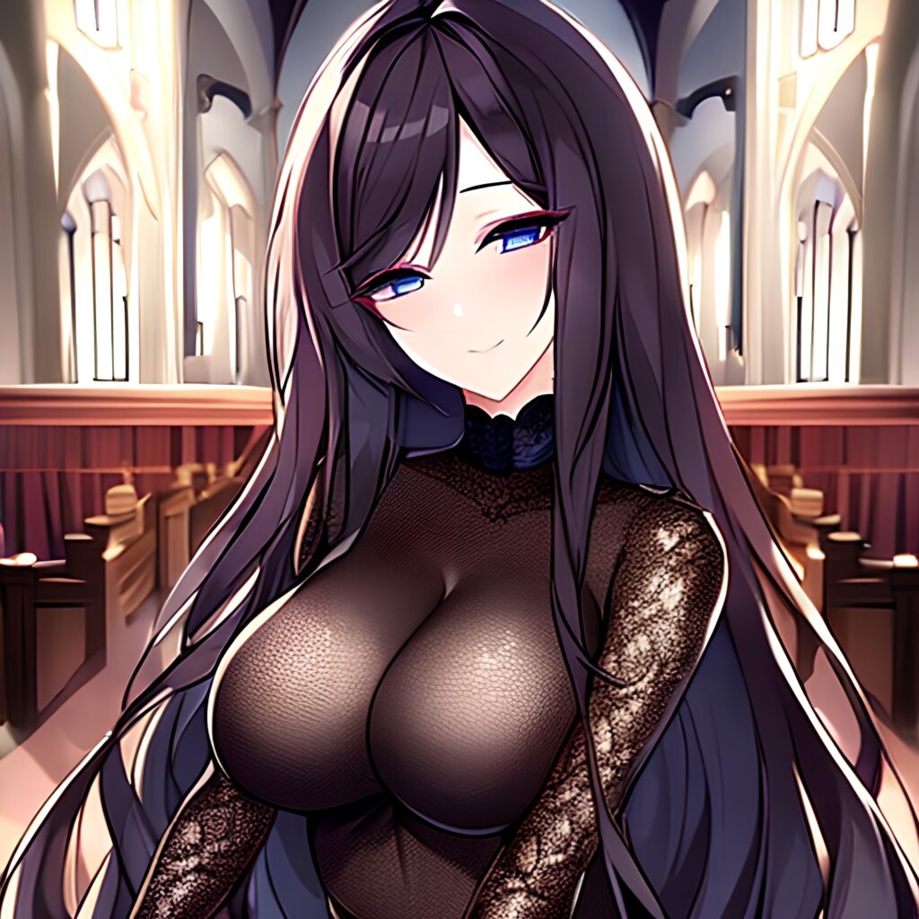 church brunette woman messy hair fishnet long hair 