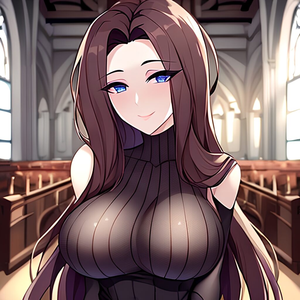 church brunette woman messy hair fishnet long hair 