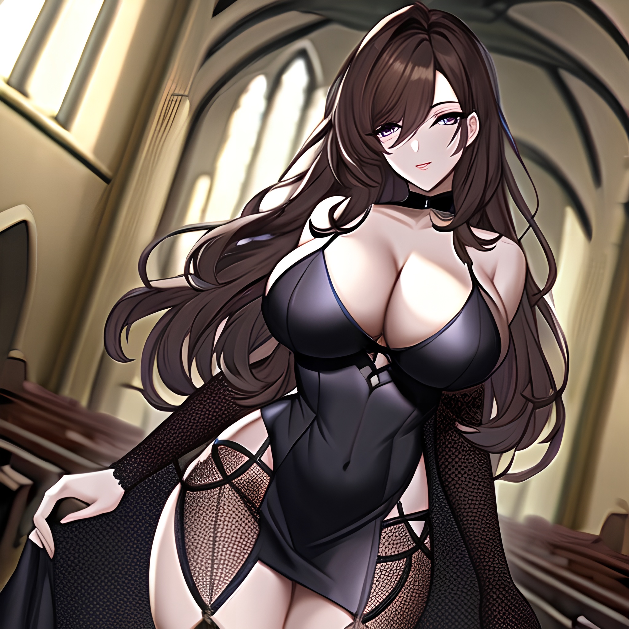 church brunette woman messy hair fishnet long hair 