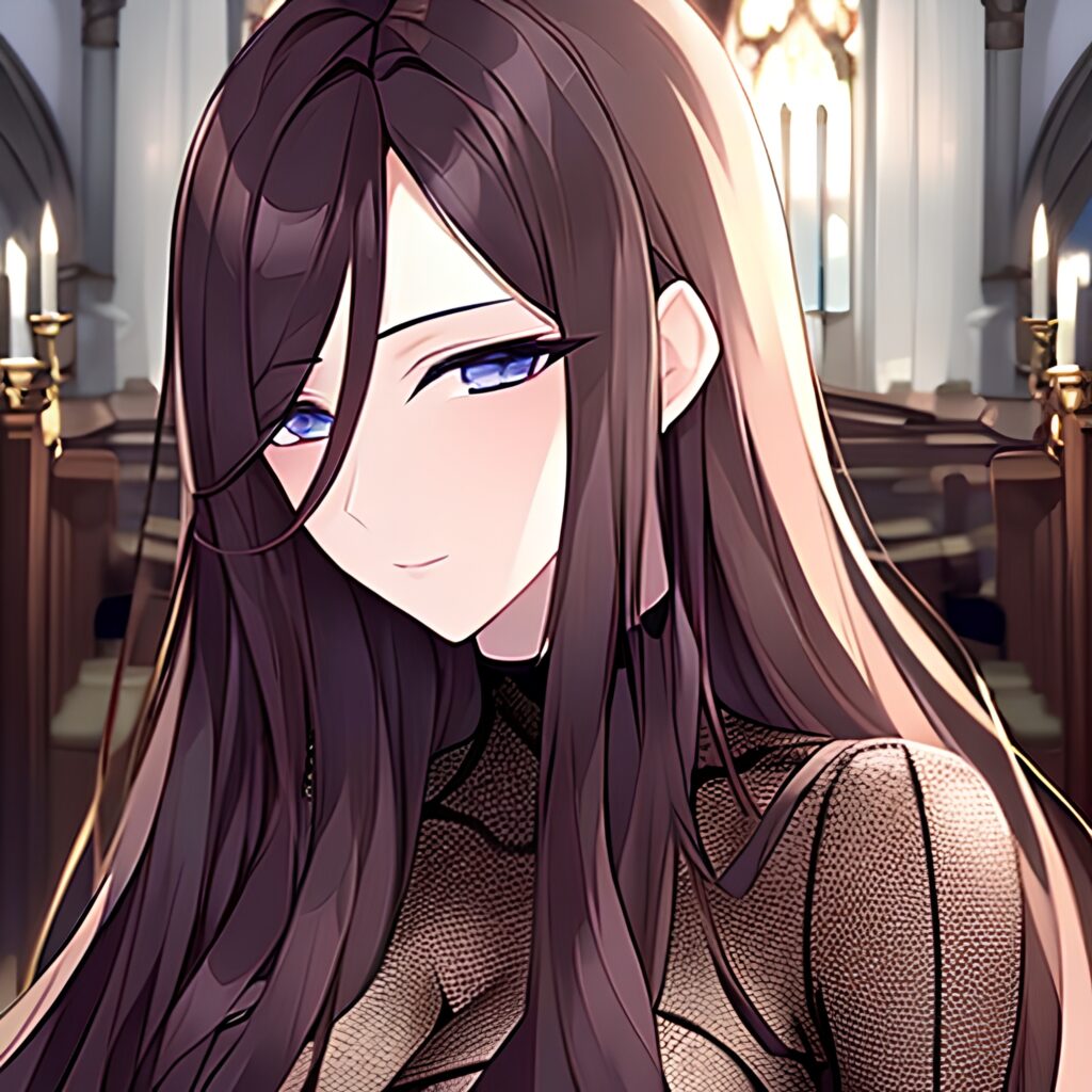 church brunette woman messy hair fishnet long hair