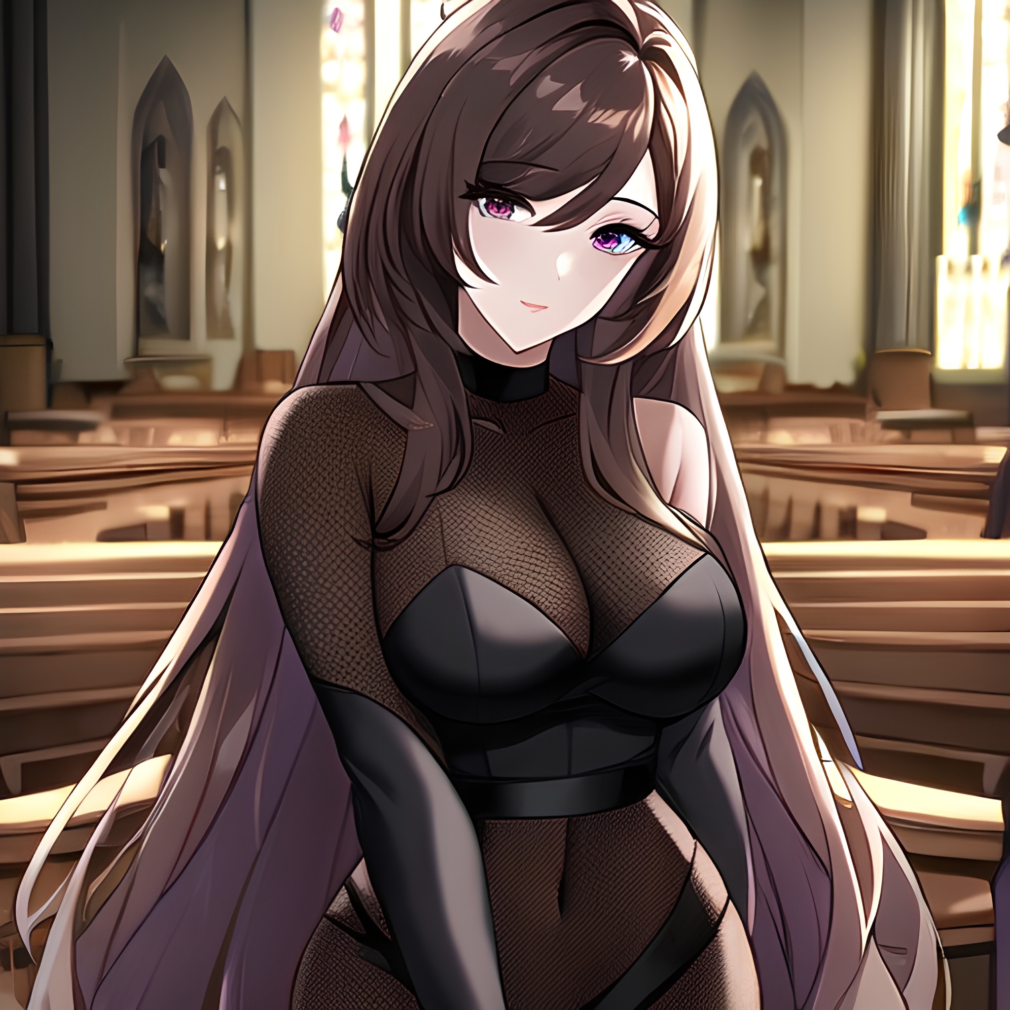 church brunette woman messy hair long hair fishnet