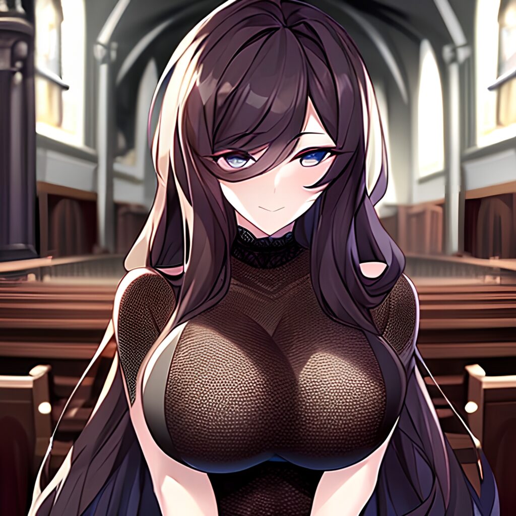 church fishnet brunette long hair messy hair woman 