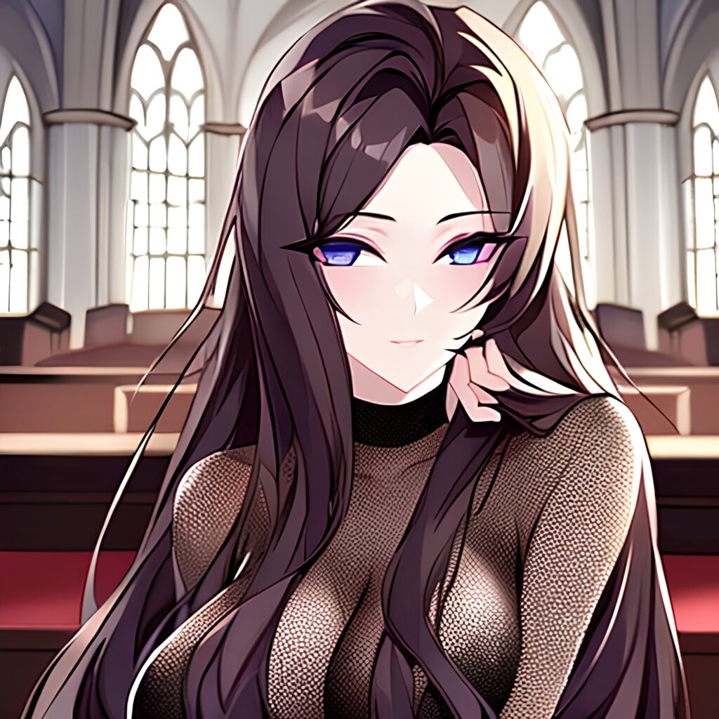 church fishnet brunette long hair messy hair woman
