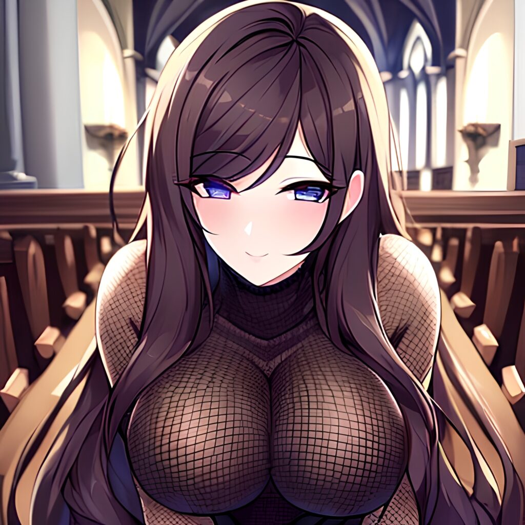 church fishnet brunette long hair woman messy hair 