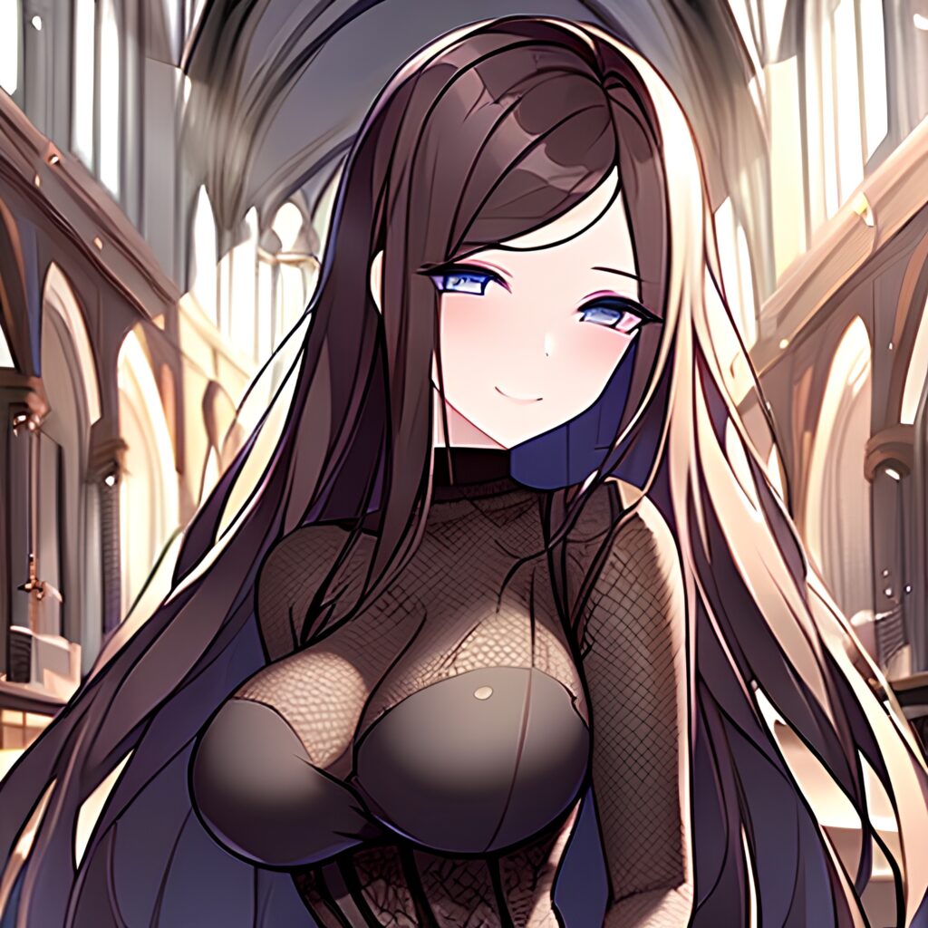church fishnet brunette long hair woman messy hair