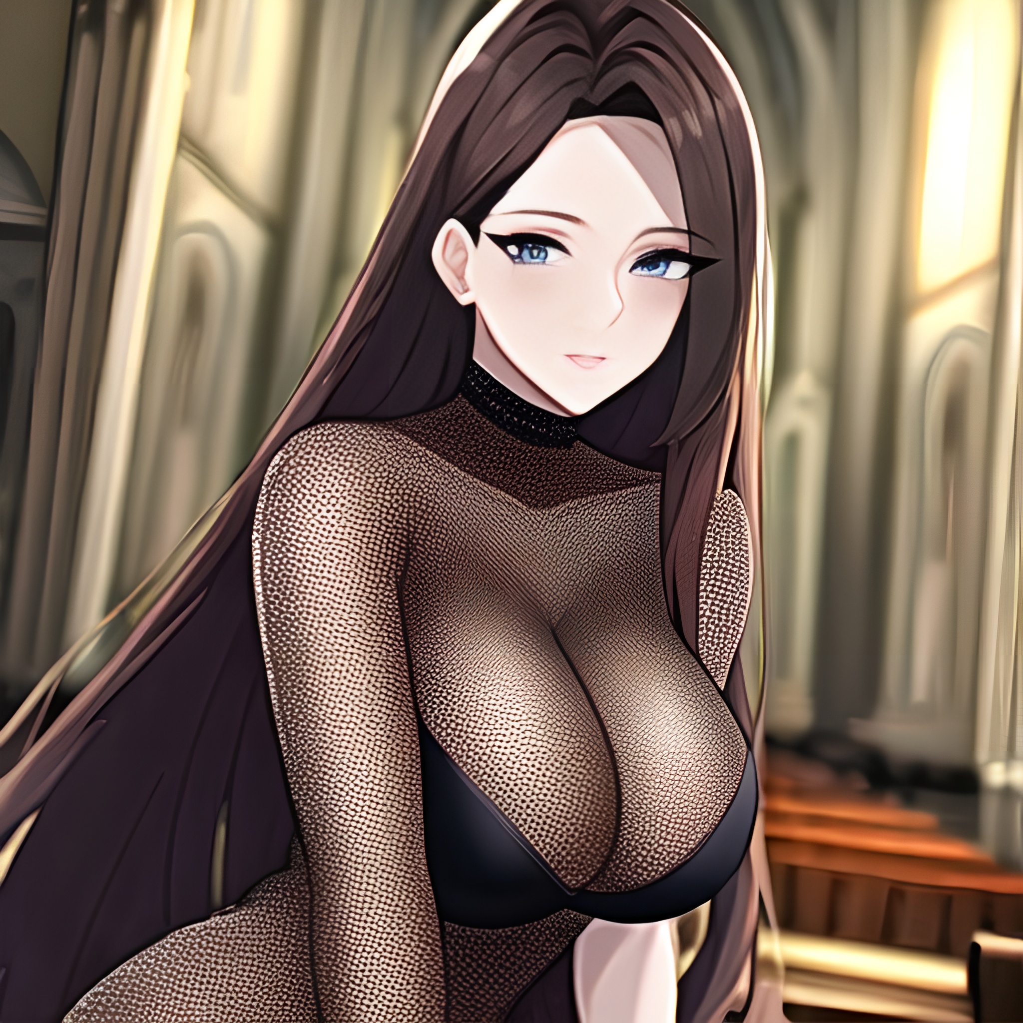 church fishnet brunette long hair woman messy hair