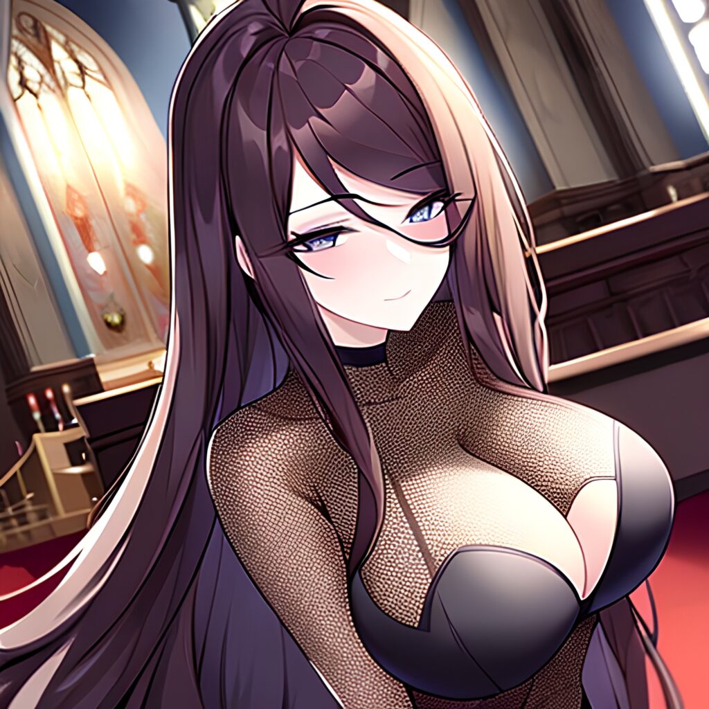 church fishnet brunette long hair woman messy hair