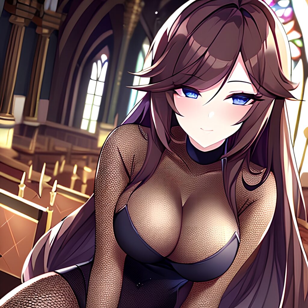 church fishnet brunette messy hair long hair woman 