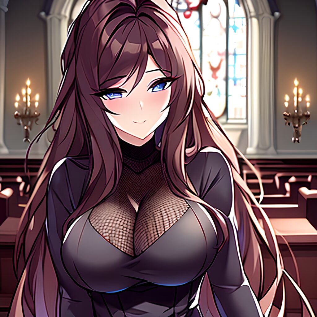 church fishnet brunette messy hair long hair woman 