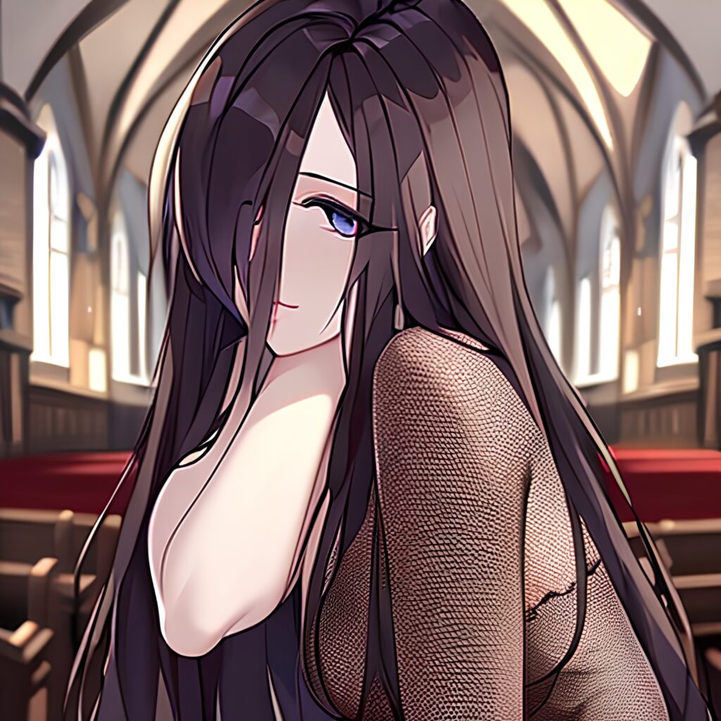 church fishnet brunette messy hair woman long hair 