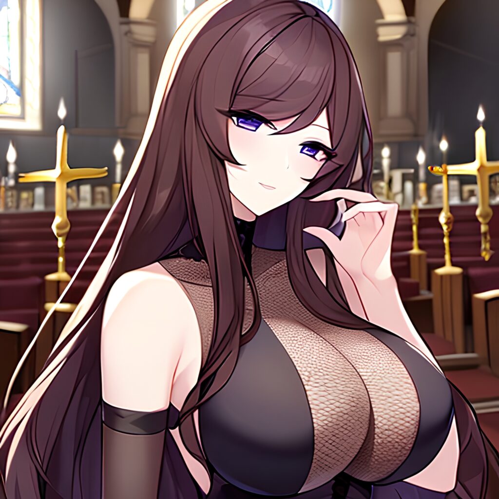 church fishnet brunette messy hair woman long hair