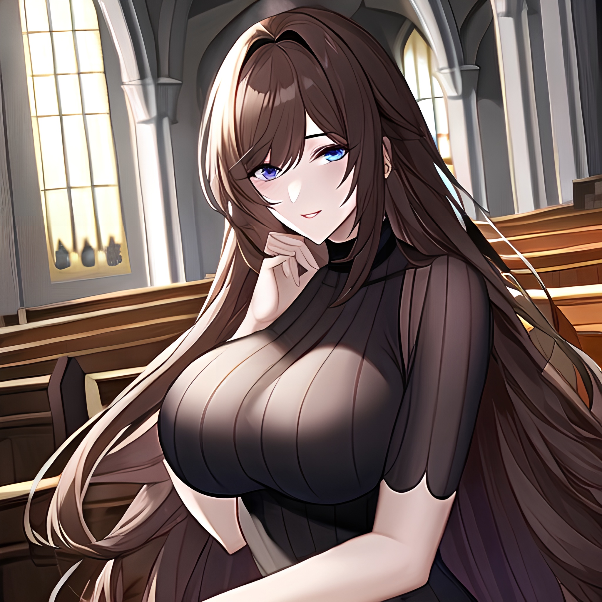 church fishnet brunette messy hair woman long hair