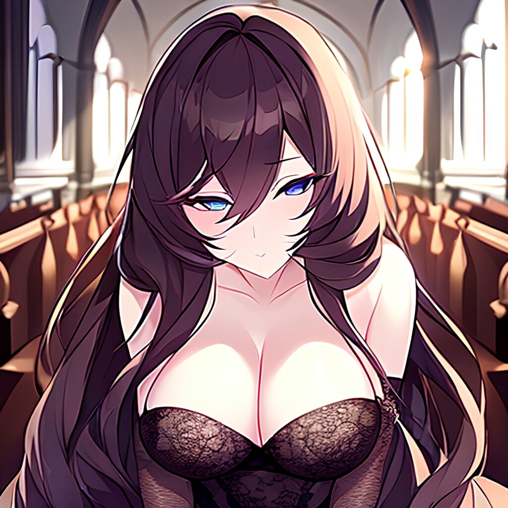 church fishnet brunette woman long hair messy hair