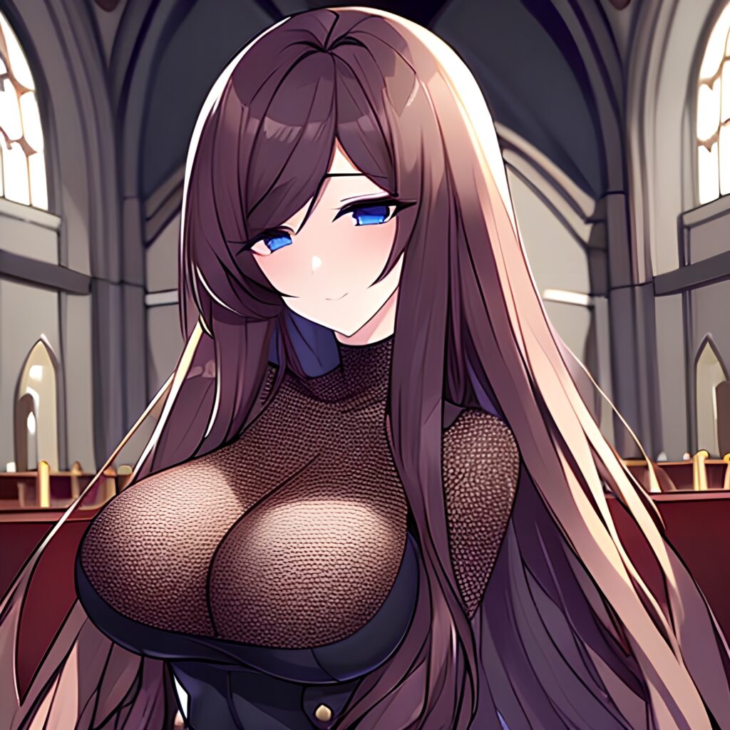 church fishnet brunette woman long hair messy hair 