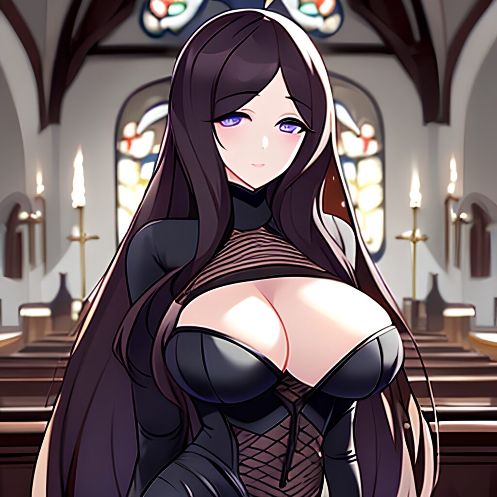 church fishnet brunette woman long hair messy hair