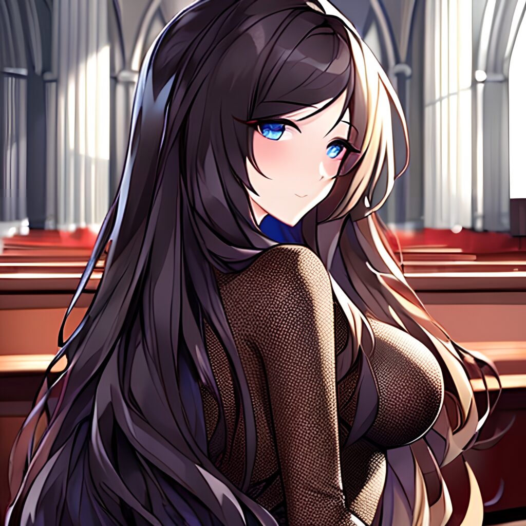 church fishnet brunette woman long hair messy hair