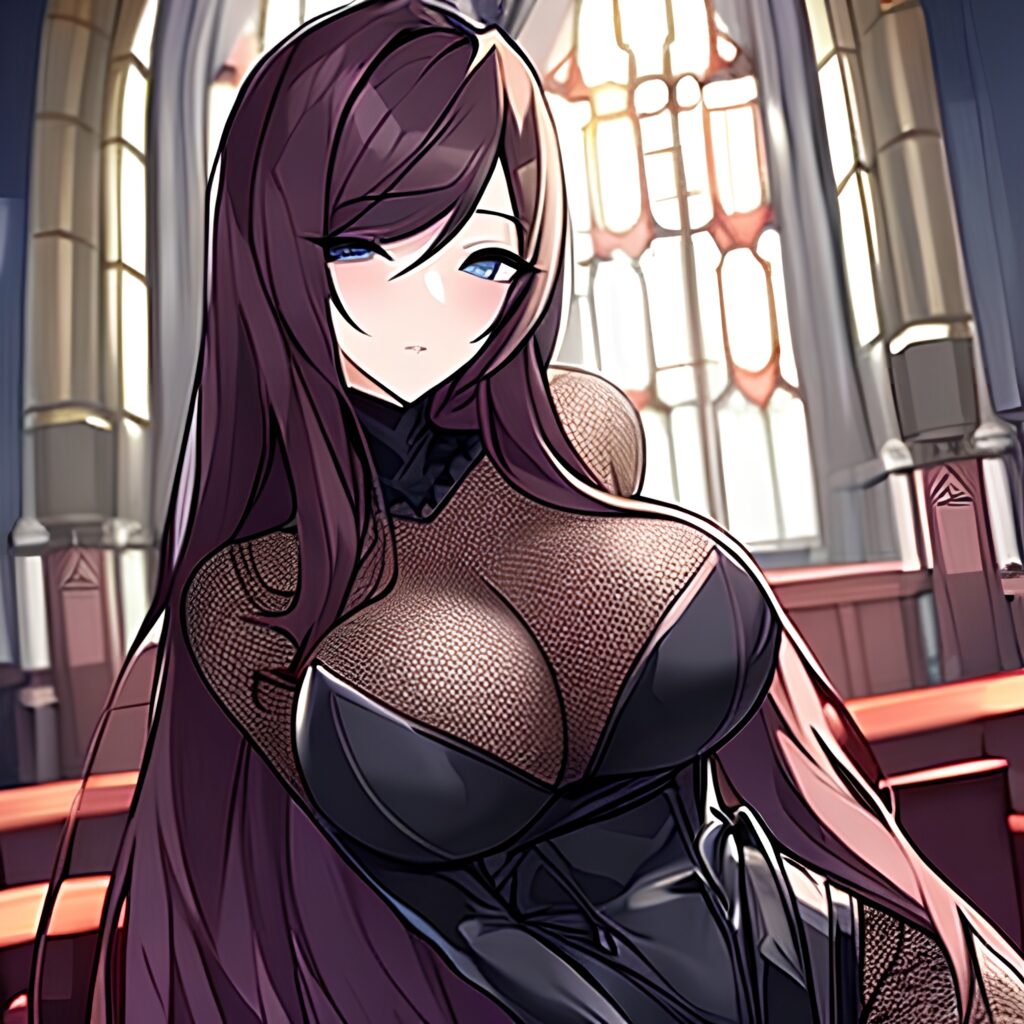 church fishnet brunette woman long hair messy hair