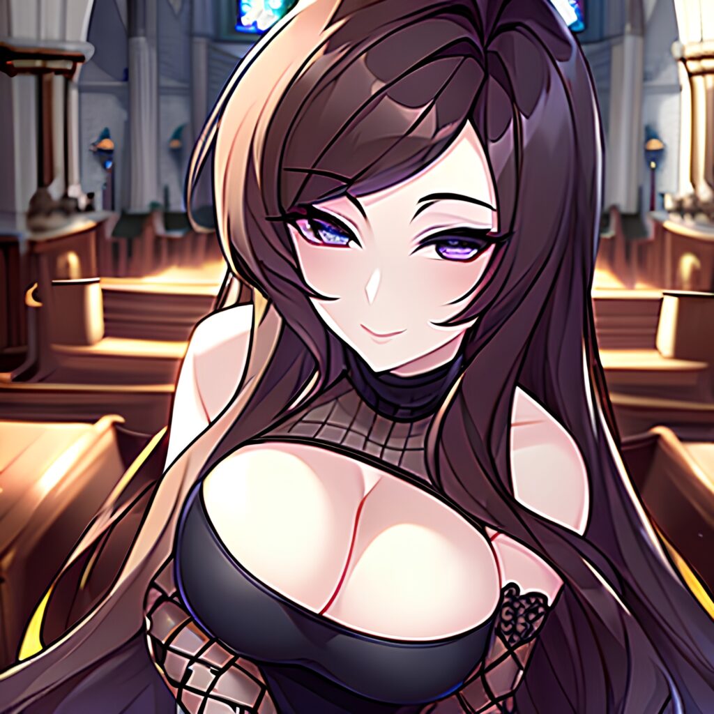 church fishnet brunette woman messy hair long hair 