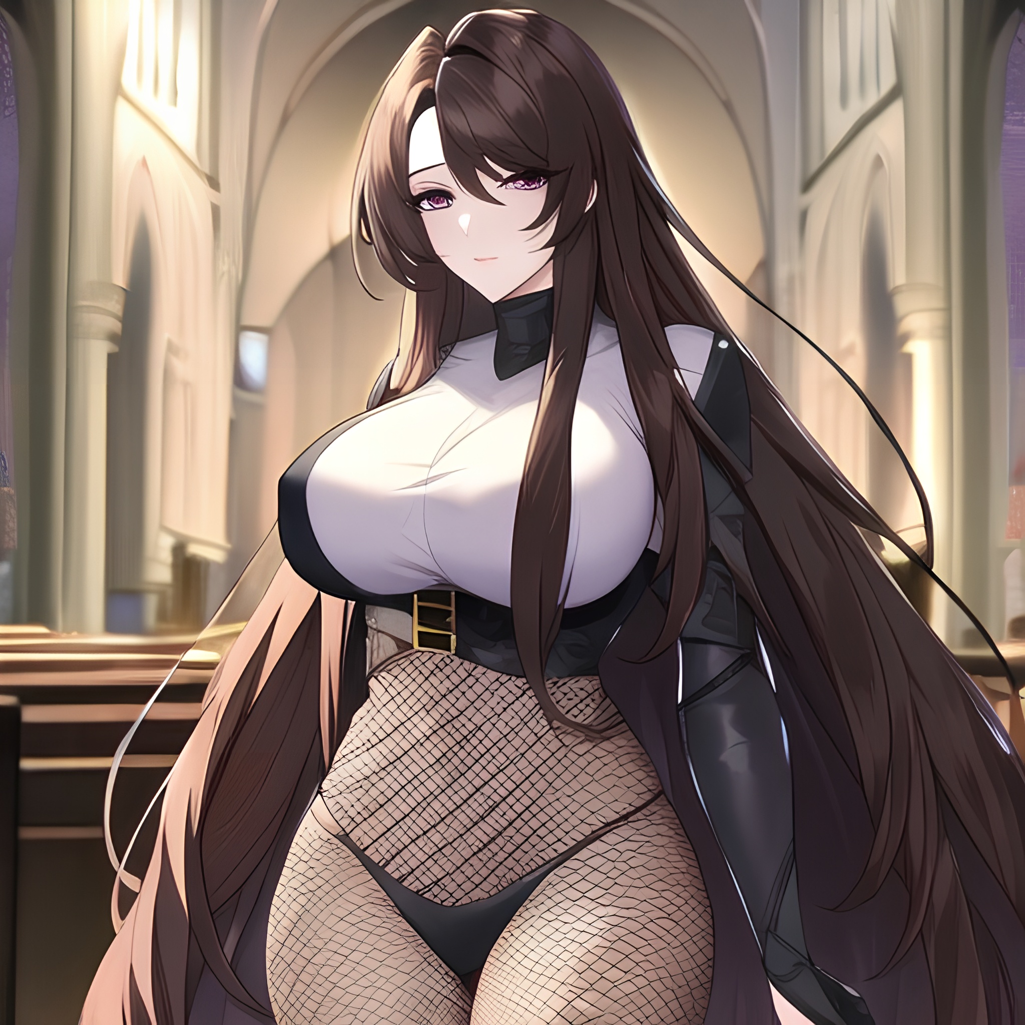 church fishnet brunette woman messy hair long hair 