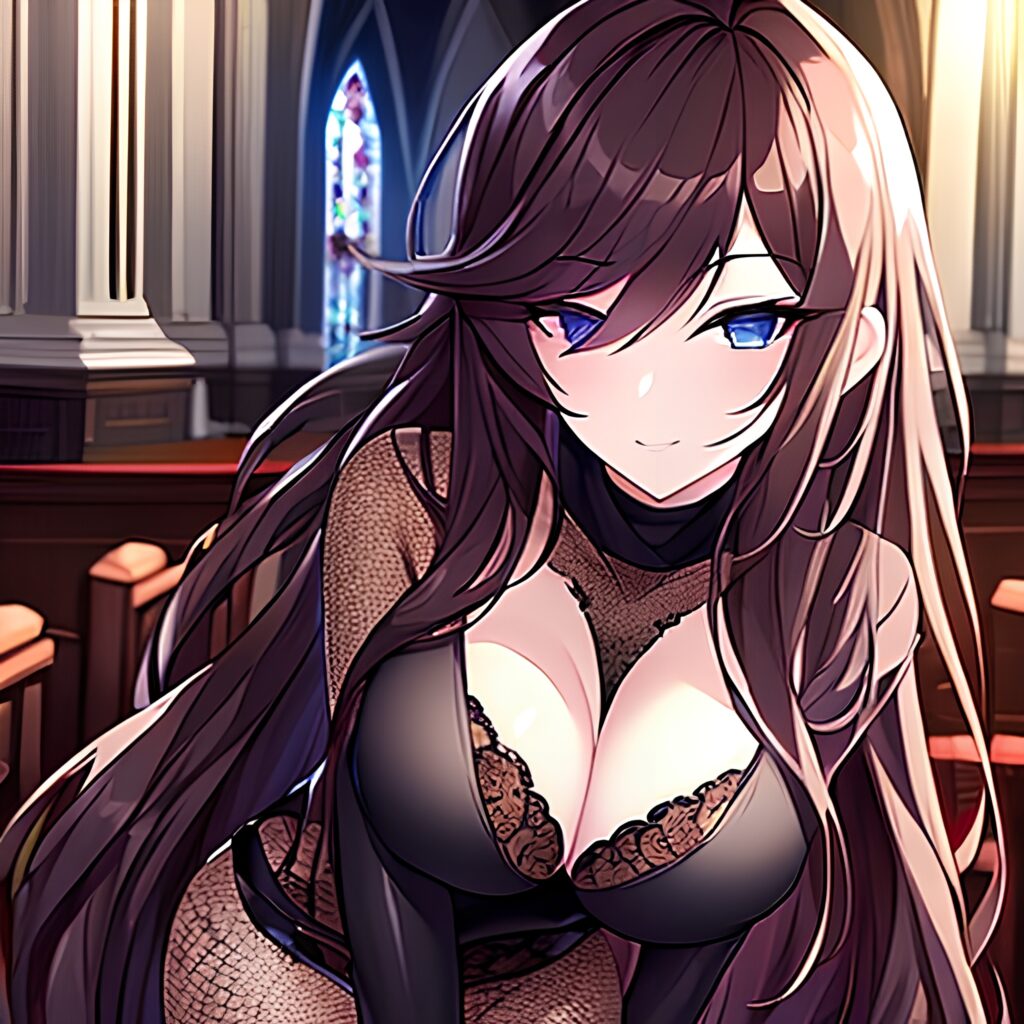 church fishnet long hair brunette messy hair woman 